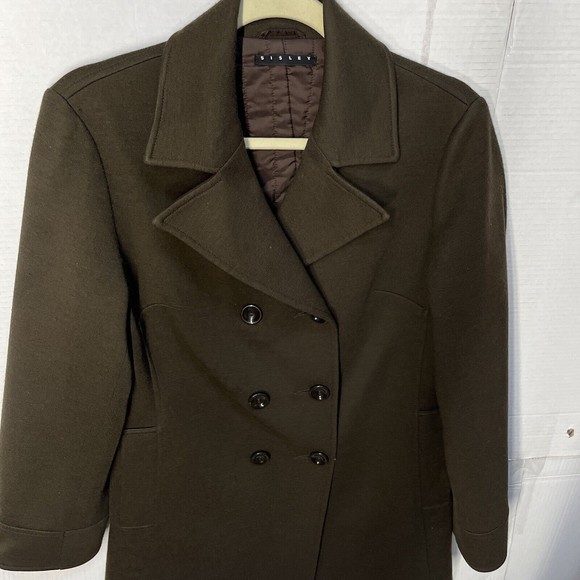 SISLEY WOMENS COAT SZ MEDIUM BROWN DOUBLE BREASTED LINED NOTCH LAPEL WOOL BLEND - Picture 2 of 12